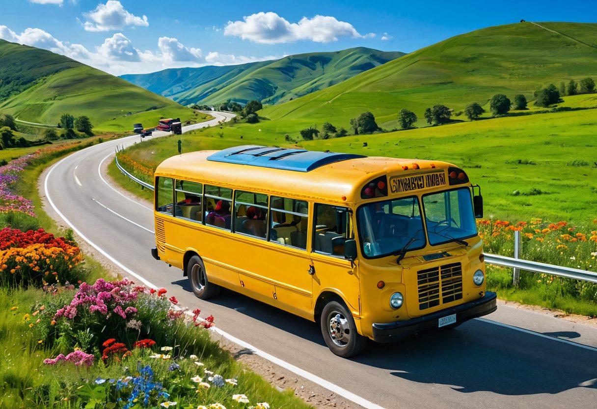 A colorful, cheerful bus driving through a scenic countryside with bright green hills and vibrant flowers along the roadside. Passengers inside the bus are smiling and enjoying their journey, with sun rays filtering in through the windows. A clear blue sky enhances the feeling of joy and exploration. Include elements of nature like birds and butterflies to symbolize freedom and happiness. super-realistic. vibrant colors. cheerful atmosphere.