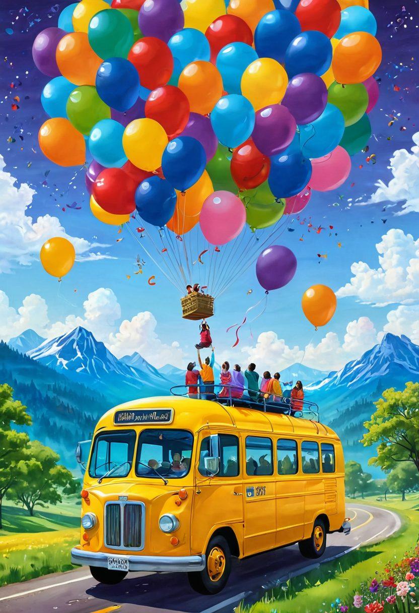 A whimsical scene featuring a joyful commuter on a content bus, surrounded by floating magical elements symbolizing happiness and giddiness, such as colorful balloons and sparkles. The bus is artistically designed with vibrant colors, and a serene landscape is visible through the windows, suggesting a sense of peaceful travel. Include diverse passengers sharing smiles and laughter, enhancing the feeling of community and joy. vibrant colors. fantasy art.