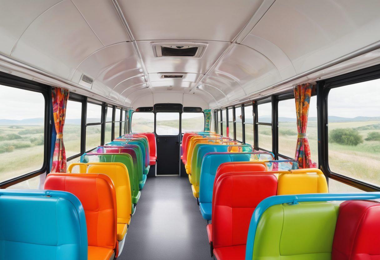 A bright and colorful bus interior filled with smiling passengers enjoying their journey, with vibrant decorations on the windows showcasing scenic landscapes, and cheerful interactions between people. The atmosphere should feel lively and inviting, capturing the essence of joy in travel. super-realistic. vibrant colors. white background.